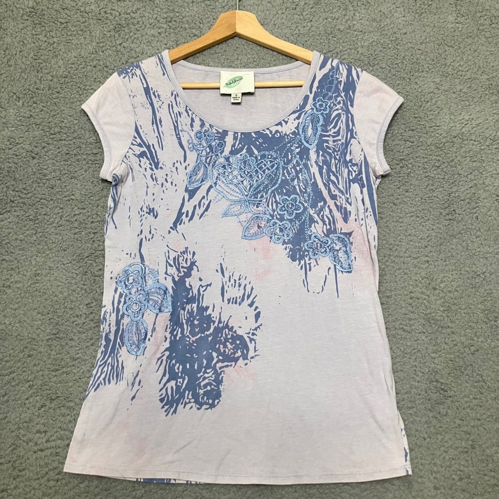 Nurture Embroidered Tee Women S Lavender Blue Ethereal Cotton Boho Natural Artsy